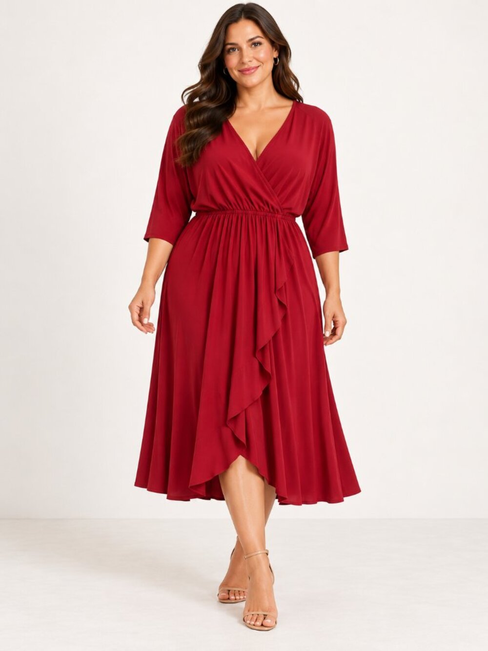 Plus Size 3XL Burgundy Front Ruffle Wrap Midi Dress 3/4 Sleeve